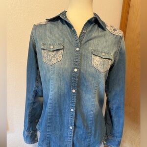 Adiktd Women's Denim Button-Up Shirt with Lace Accents